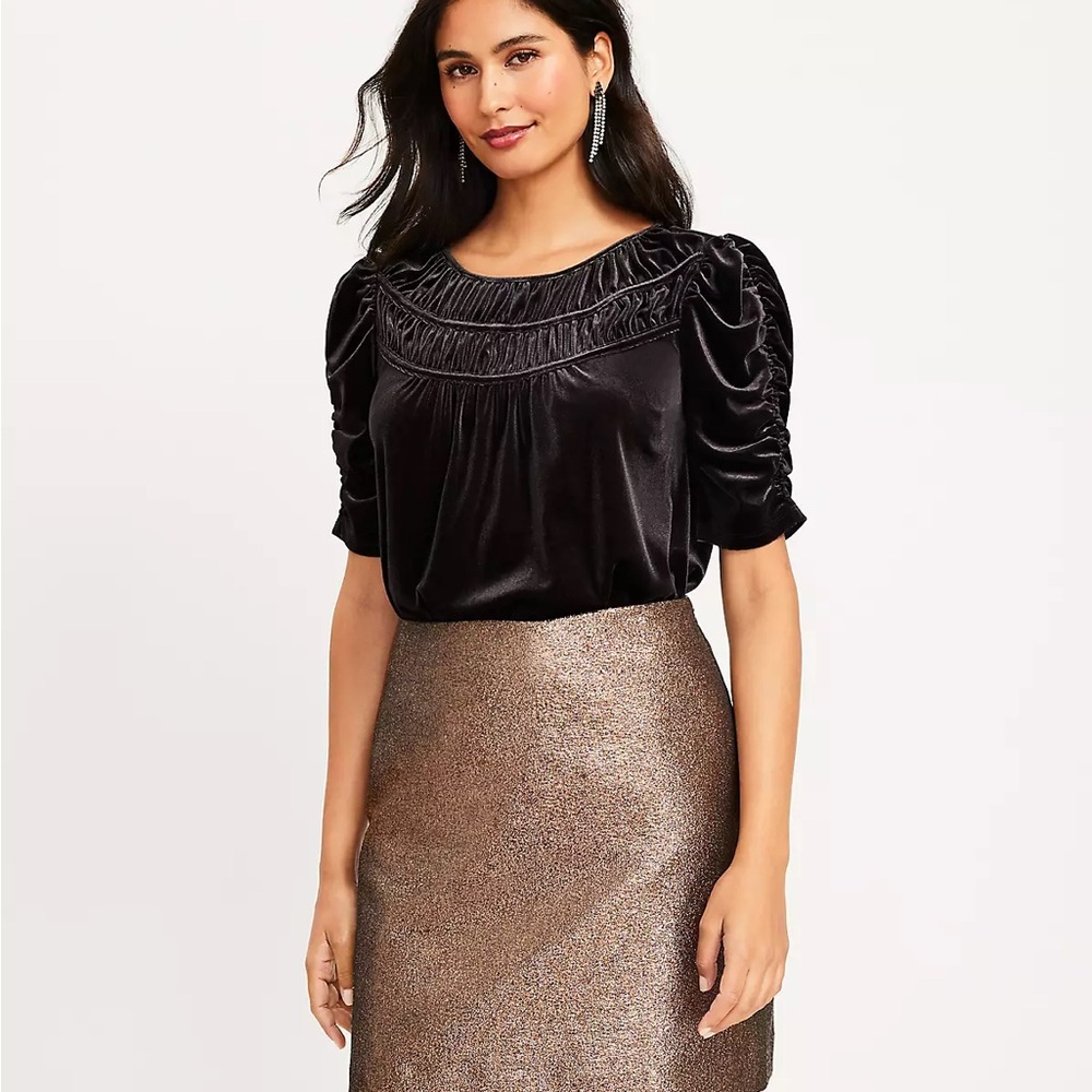LOFT Elegant Rouched Black Velvet Top and Gold Skirt